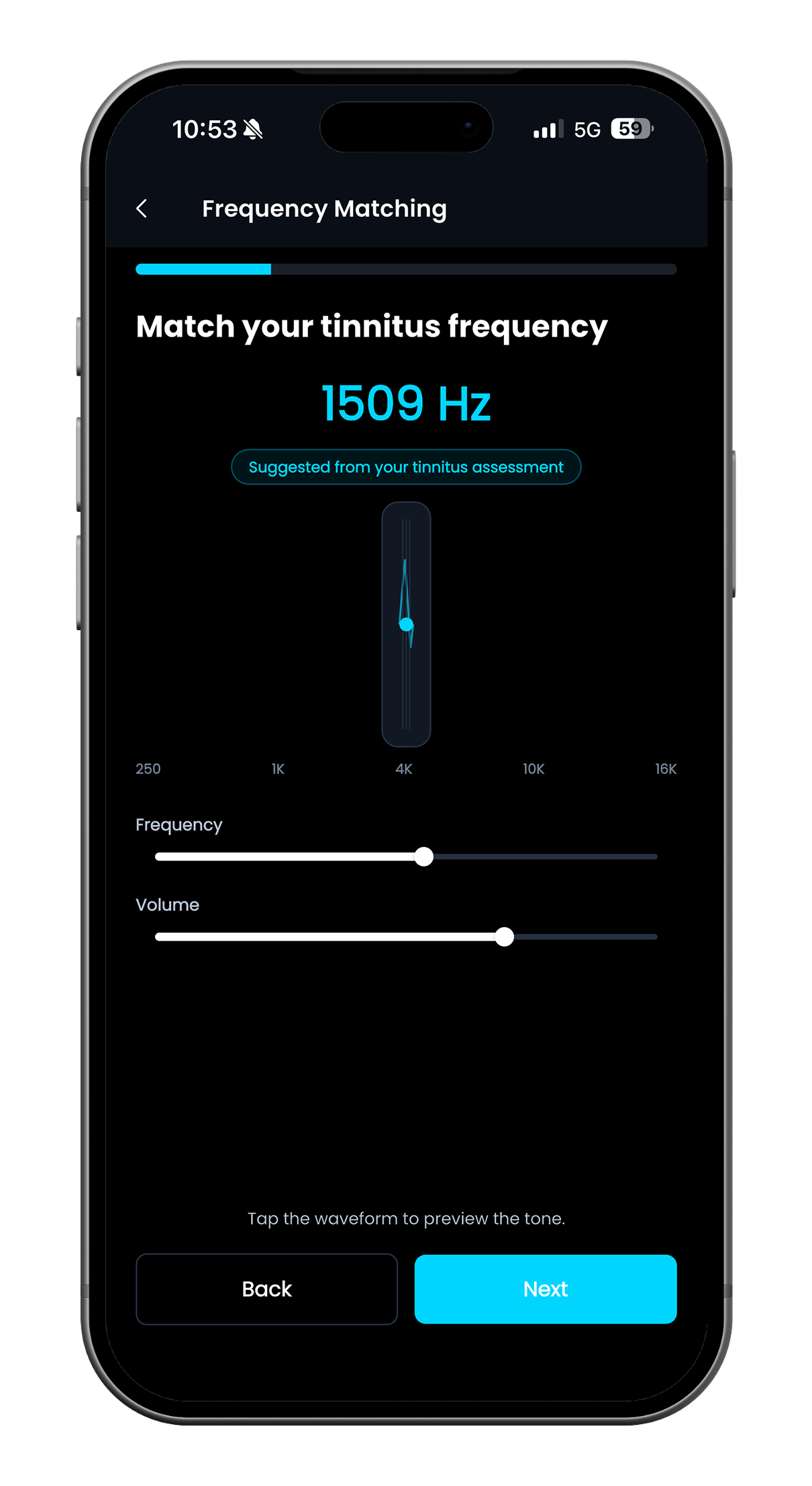 hearOS Frequency Matching screen: match your tinnitus tone with frequency and volume sliders and an assessment-based Hz suggestion.