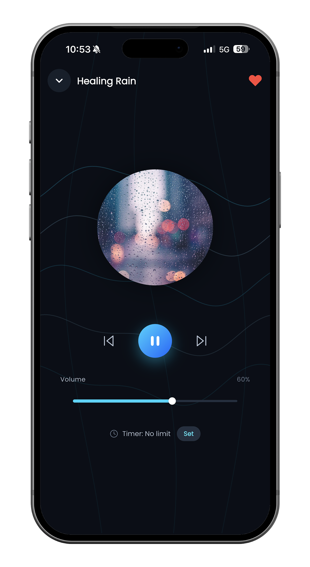 hearOS sound therapy player for the Healing Rain nature sound with pause, skip, volume at 60%, and an optional sleep timer.