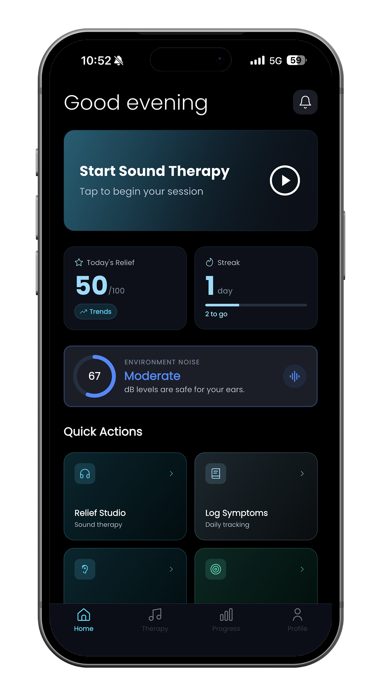 hearOS sound therapy player for the Healing Rain nature sound with pause and skip controls, volume at 60 percent, and an optional sleep timer.