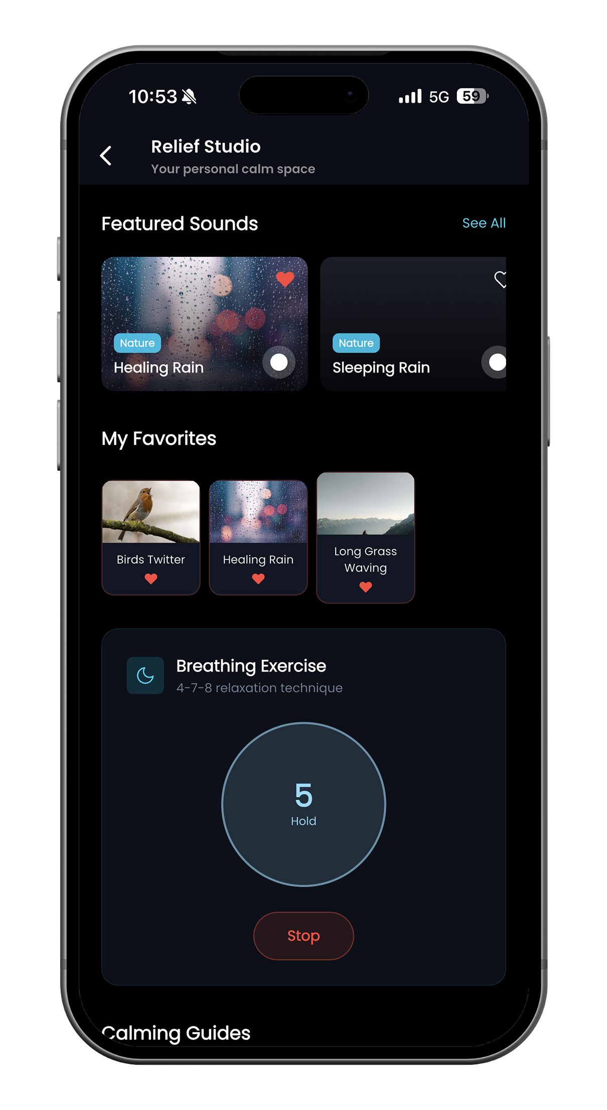 hearOS Relief Studio calm space with featured nature sounds, favorites, and a 4-7-8 breathing exercise on hold.